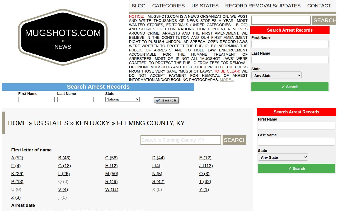 Mugshots.com unofficial Fleming County historical arrest archive
