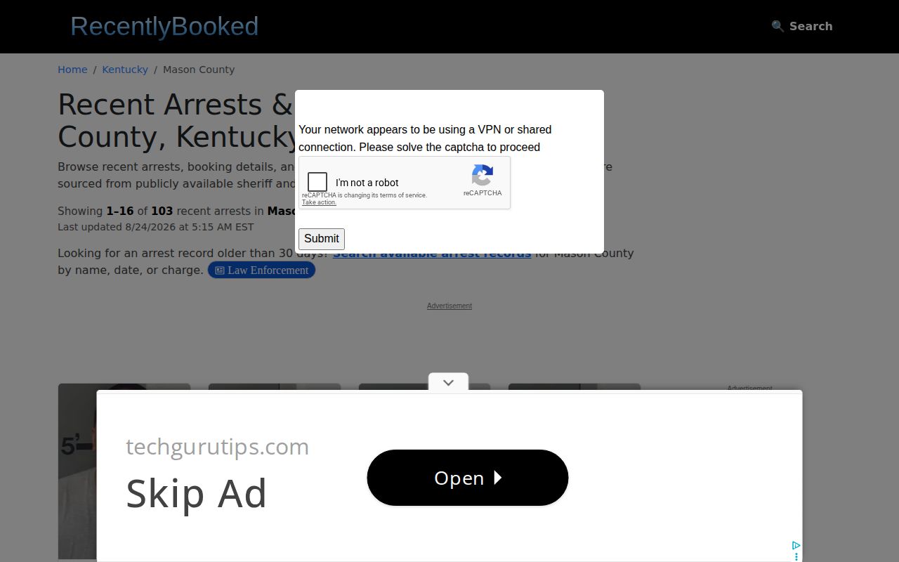 RecentlyBooked unofficial Mason regional page with possible Fleming County arrest records