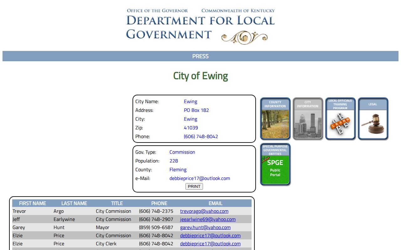 City of Ewing Kentucky official profile and arrest record routing context
